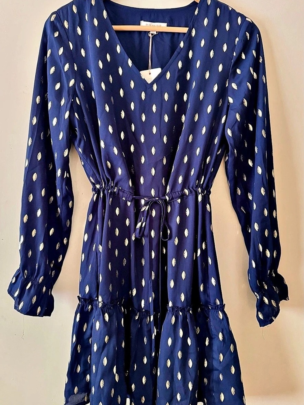 Skies Are Blue Luna Gold Foil Print Ruffle Dress in Blue Size Small